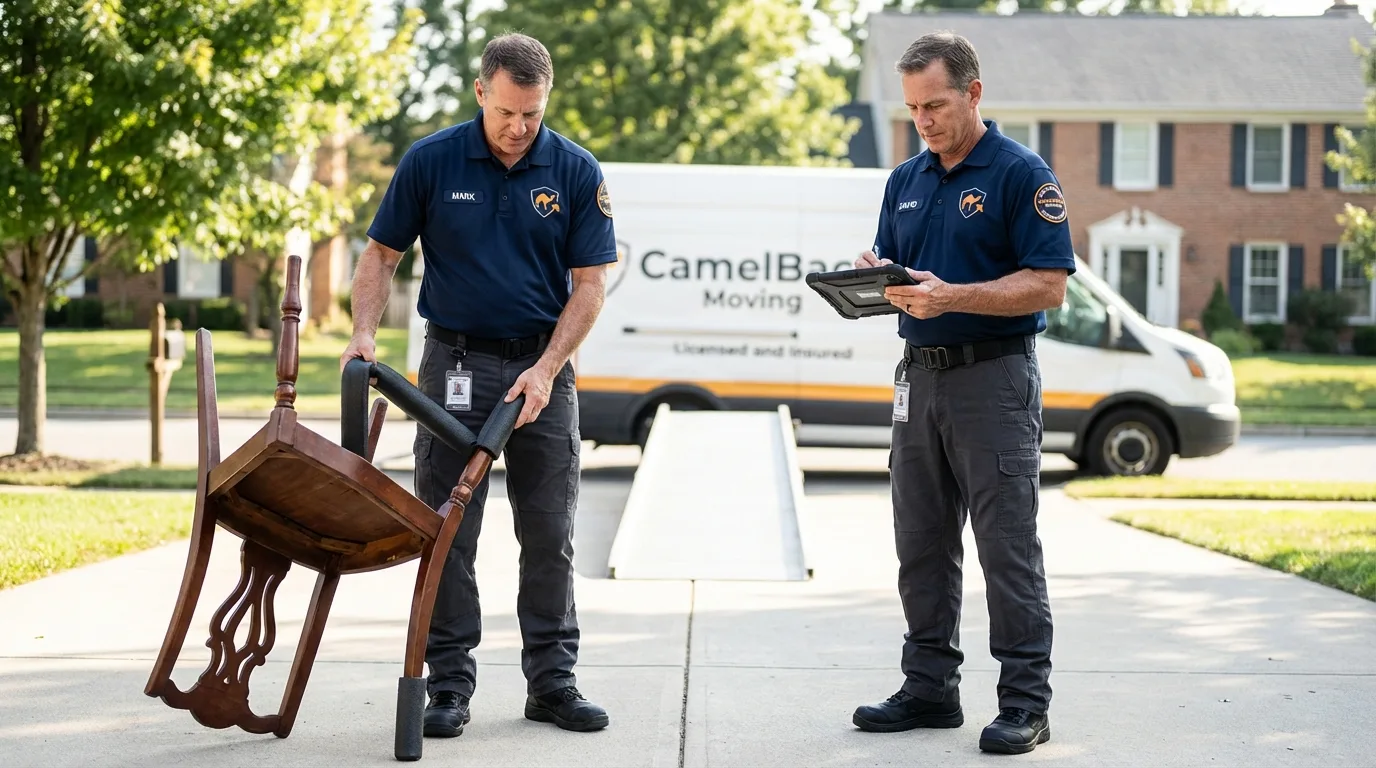 Movers inspecting furniture for damage prevention before loading in Marion, WI